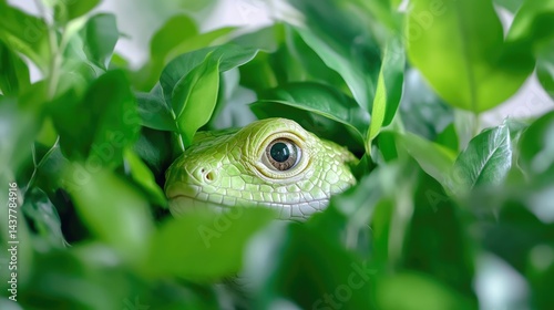 A green frog peeking through lush green leaves, close-up nature shot with vibrant foliage, and serene and tranquil wildlife scene.