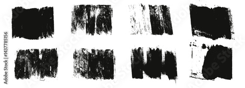 Linocut textures set. Ink roller background. Grunge vintage rectangles. Dry black brayer striped lines isolated on white background. Painted relief stains. Vector lino eroded abstract wide callout.