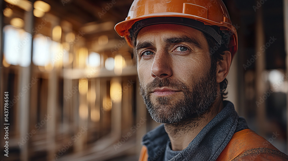 construction worker in orange hard hat looks confidently at camera, showcasing dedication construction worker in orange hard hat looks confidently at camera, showcasing dedication