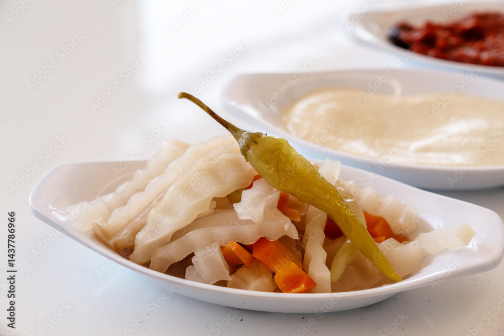 Torshi pickled vegetables of Middle Eastern and Iranian cuisines, mixed salted vegetables