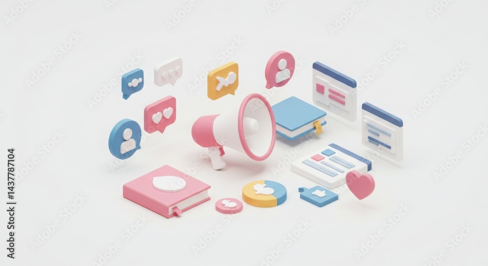 Minimalist digital marketing concept with megaphone and social media icons Minimalist digital marketing concept with megaphone and social media icons