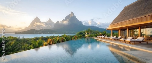 Infinity pool overlooking mountains, ocean, and lush greenery at sunrise. Luxurious resort