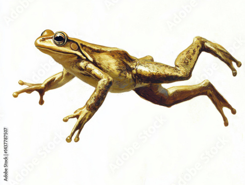 A frog leaping through the air, legs outstretched and toes spread.