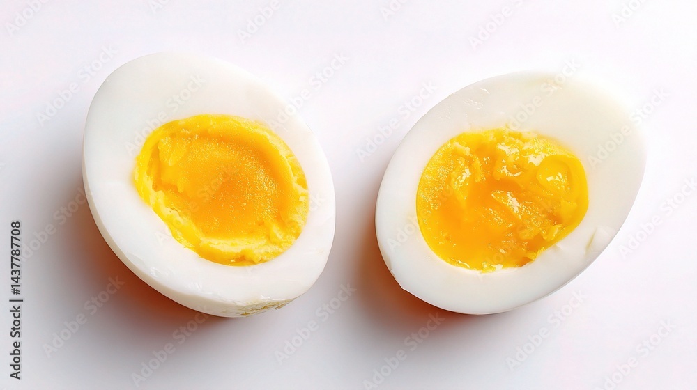 Two Halved Boiled Eggs with Centered Yolk on Clean White Surface Two Halved Boiled Eggs with Centered Yolk on Clean White Surface