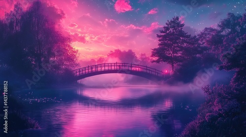 Enchanting, mystical bridge over a tranquil lake at dawn