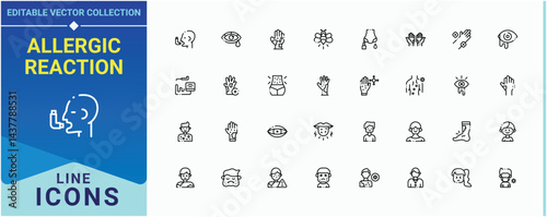 Allergic Reaction icon set. Featuring sick, allergen, disease, health, flu, treatment, allergy and more. Allergy Disease line icon set. Minimal icons pack. Vector illustration.