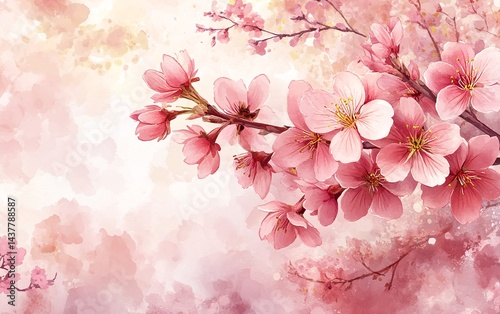 beautiful pink cherry blossom branch watercolor illustration for spring and nature themes