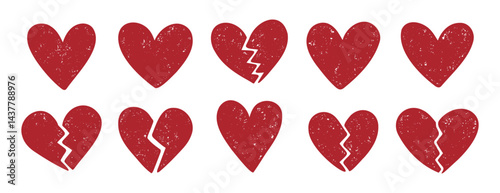 heart and broken heart sketch doodle hand drawn brush textured set. red hearts with texture