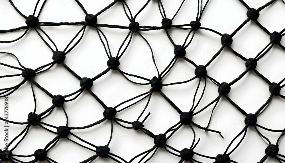 Fototapeta premium A detailed shot of a black knotted net against a white backdrop, showcasing texture and form.