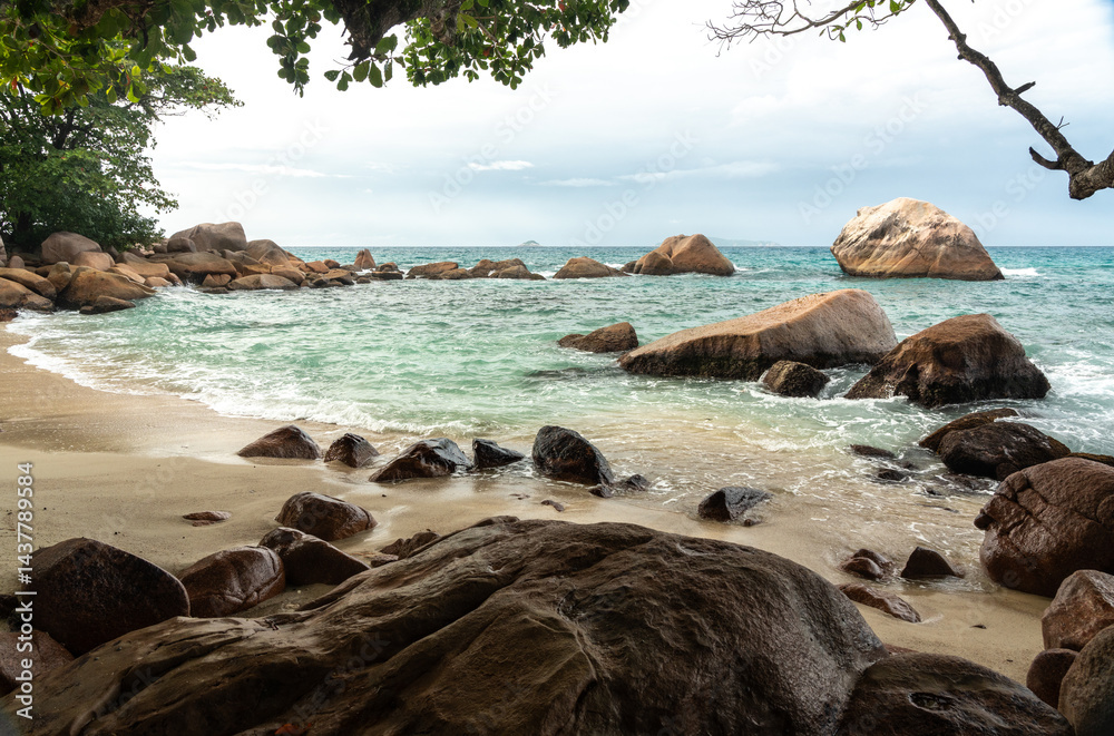 Tropical coast with large rocks, turquoise sea, sandy shore, tree branch and distant islands
