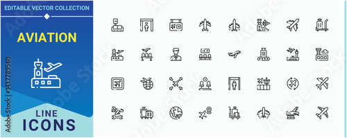 Aviation linear icon set. Related to air bus, transport, air, plane, ticket and more. Airport icon collection. Isolated icons. Pixel perfect. Editable vector.