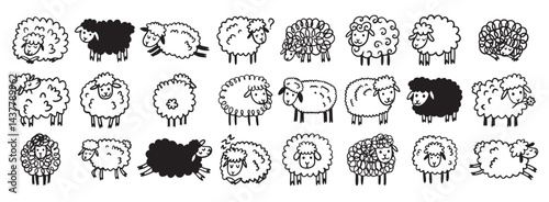 Doodle hand drawn funny cute sheep outline set. Drawing sheep