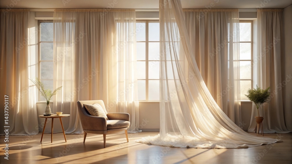 Fototapeta premium Serene Interior Sunlit Room with Sheer Curtains Draped Elegantly Around a Comfortable Armchair and Side Table, Creating a Peaceful and Relaxing Atmosphere