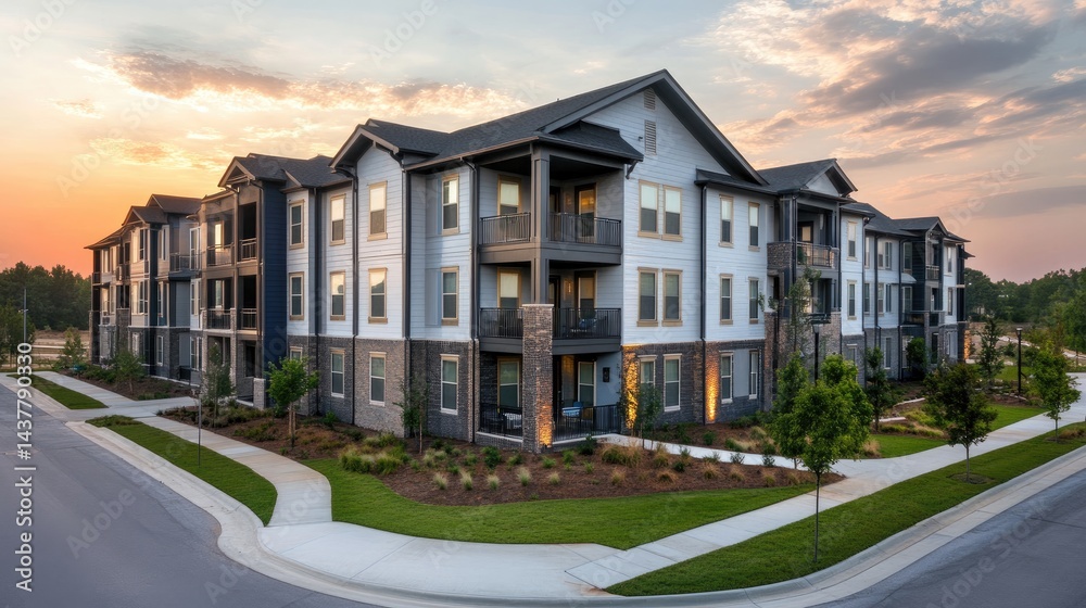 Modern apartment building complex at sunset Modern apartment building complex at sunset