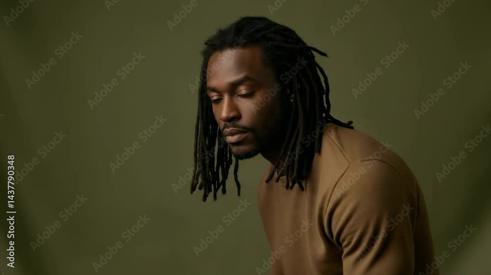 Portrait of a man with dreadlocks, gazing thoughtfully against a muted green backdrop, showcasing emotion - dreadlock photoshoot Portrait of a man with dreadlocks, gazing thoughtfully against a muted green backdrop, showcasing emotion - dreadlock photoshoot