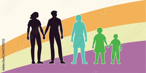 Family Walking Together Vector Silhouette on Colorful Abstract Background - Parents and Children Outdoor Scene