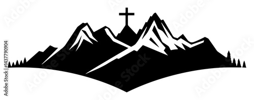 mountain landscape with cross on peak religious silhouette isolated on white background