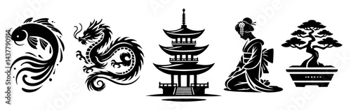 japanese culture collection koi fish dragon pagoda geisha and bonsai tree silhouette isolated
