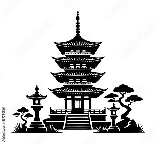 traditional japanese pagoda with lantern and bonsai tree silhouette isolated on white background