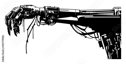damaged robotic arm with exposed cables futuristic cyberpunk style silhouette isolated