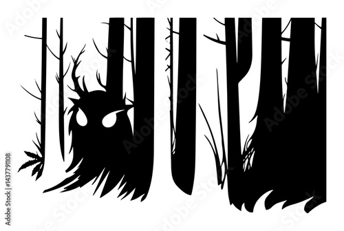 dark spooky forest with mysterious creature and glowing eyes silhouette isolated on white