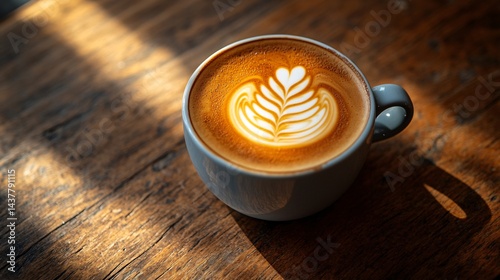 delicious latte art in white ceramic mug on wooden table