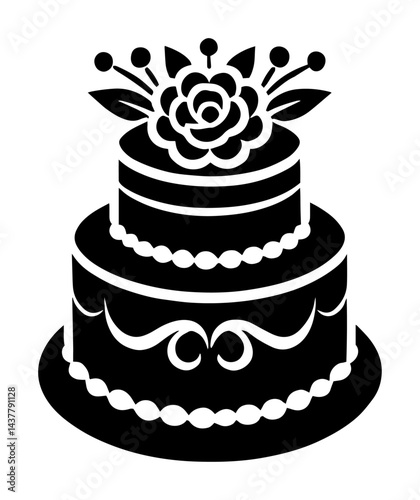 wedding cake with flower decoration elegant two tier silhouette isolated on white background