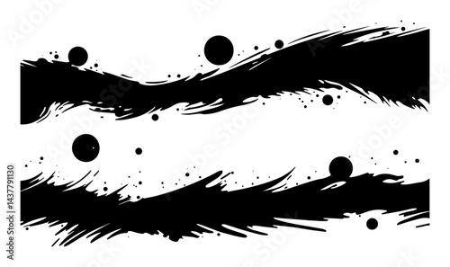 abstract black brushstroke waves with splash and splatter artistic design isolated