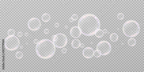 Realistic soap vector bubbles png isolated on transparent background. Falling and flying bubbles effect.Soap bubble color spectrum