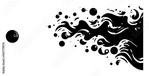 abstract billiard ball with abstract dynamic splash and swirl design black and white illustration