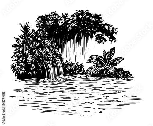 tropical waterfall and jungle lagoon hand drawn ink style black and white illustration