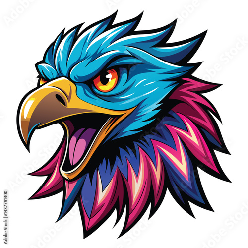 Fierce bird head, vibrant colors, aggressive stance