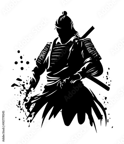 samurai warrior in traditional armor with katana sword ink style silhouette isolated