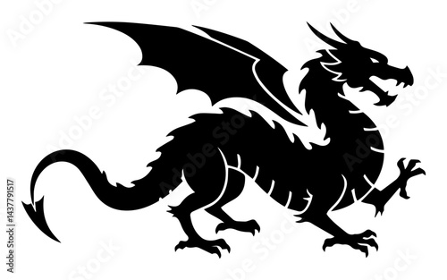fierce dragon silhouette with wings and claws isolated on white background