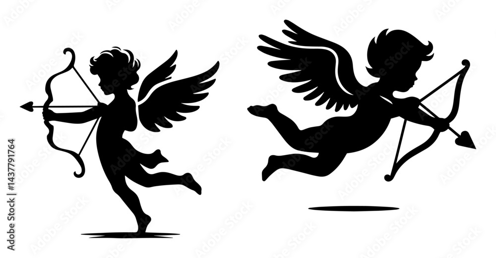 Fototapeta premium two cupid silhouettes with bow and arrow flying and aiming isolated on white background