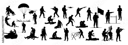 military soldier silhouette set with action pose flag tank parachute and rifle isolated