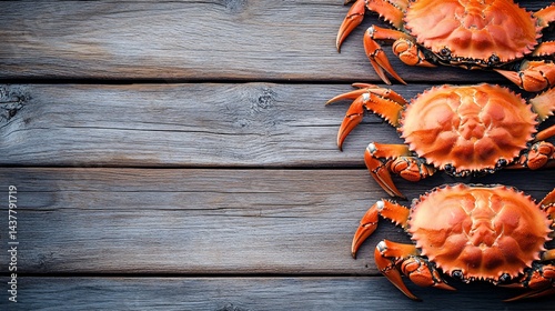 fresh live crabs on wooden table for seafood cuisine or market display