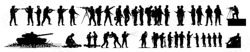 set of military soldiers in combat poses with tank and weapon silhouettes isolated