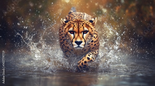 Cheetah sprints, water splashes, forest backdrop