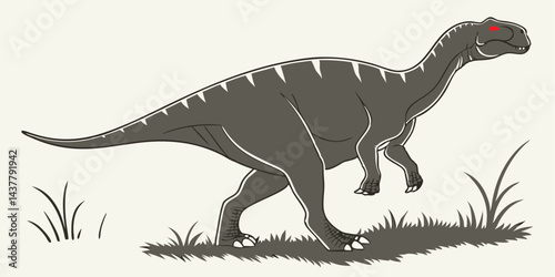 Dinosaur Vector Silhouette with Red Eyes Walking in Grassland Prehistoric Reptile Illustration