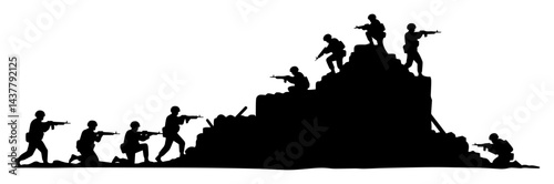 black silhouette of soldiers attacking fortified hill during battle isolated on white