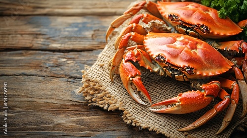 fresh cooked crabs on rustic wooden surface for seafood cuisine and market photography