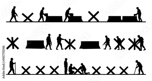 black silhouette of people building anti-tank barriers and obstacles isolated on white