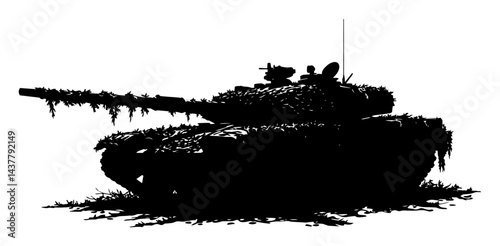 black silhouette of camouflaged battle tank with soldiers isolated on white background