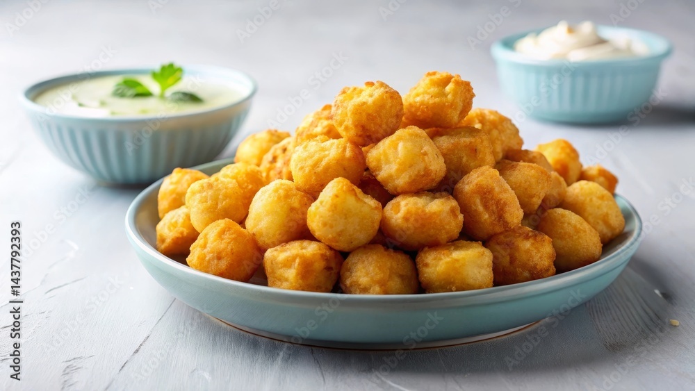 A delightful platter of golden-brown, crispy potato balls, served with creamy dips for a savory snack or appetizer A delightful platter of golden-brown, crispy potato balls, served with creamy dips for a savory snack or appetizer