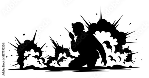 black silhouette of soldier kneeling with radio amid explosions isolated on white