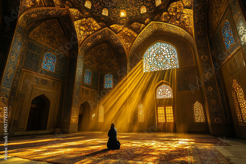 man praying in magnificent sunlit mosque with intricate architecture and stained glass, evoking spirituality, peace, and devotion photo