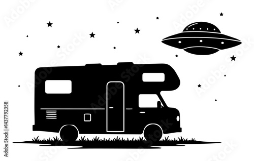 black silhouette of camper van under night sky with ufo and stars isolated