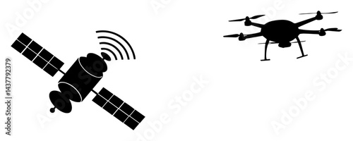 black silhouette of communication satellite and flying drone isolated on white