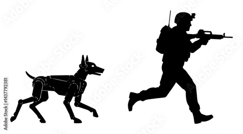 black silhouette of soldier running with robotic dog companion isolated on white